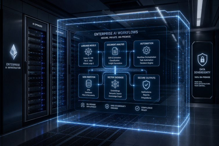 Moderne Private KI-Infrastruktur mit leistungsstarken AI-Servern für den sicheren Betrieb von Large Language Models (LLMs) im Unternehmen.